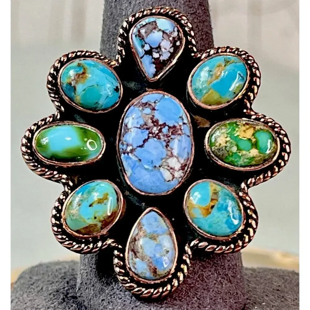 Golden Hills Mojave Sonoran Gold Turquoise Copper Cluster Statement Ring Adj Sz